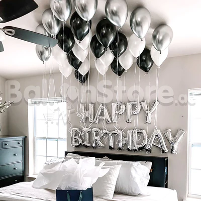 Silver, White & Black Small Party Set-up Balloon Set 4 - 30Helium Balloons & Banner