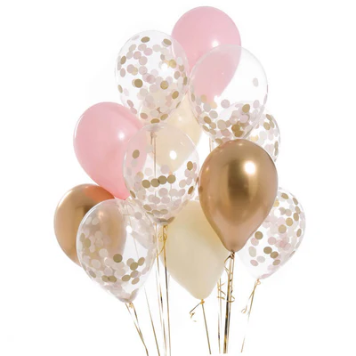 Pink and Gold Confetti Balloons 12pcs with Weight